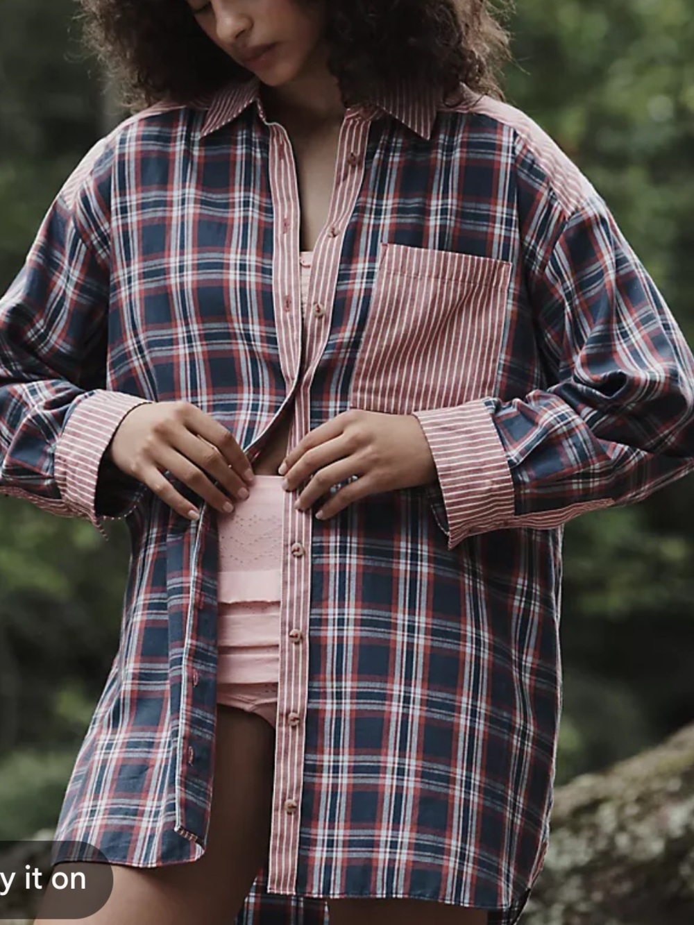 ANTHROPOLOGIE WOMENS BLUE RED BOYFRIEND FLANNEL BUTTON DOWN SHIRT SMALL OVERSIZE